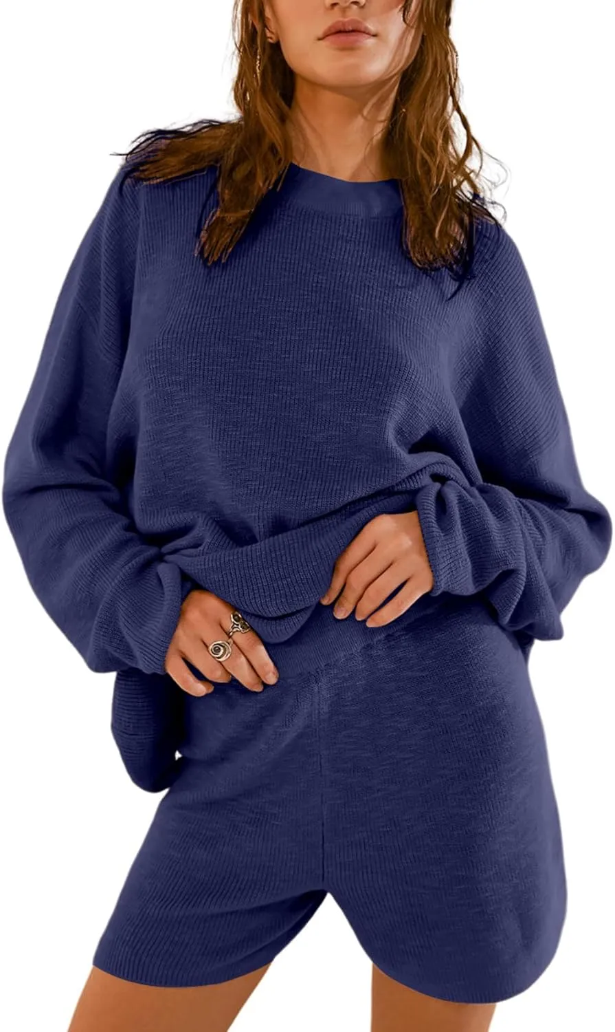 Yimoon Womens Sweater Set Oversized 2 Piece Lounge Set Knit Matching Pajamas Set Fall Long Sleeve Shorts Sets 2 Piece Outfits