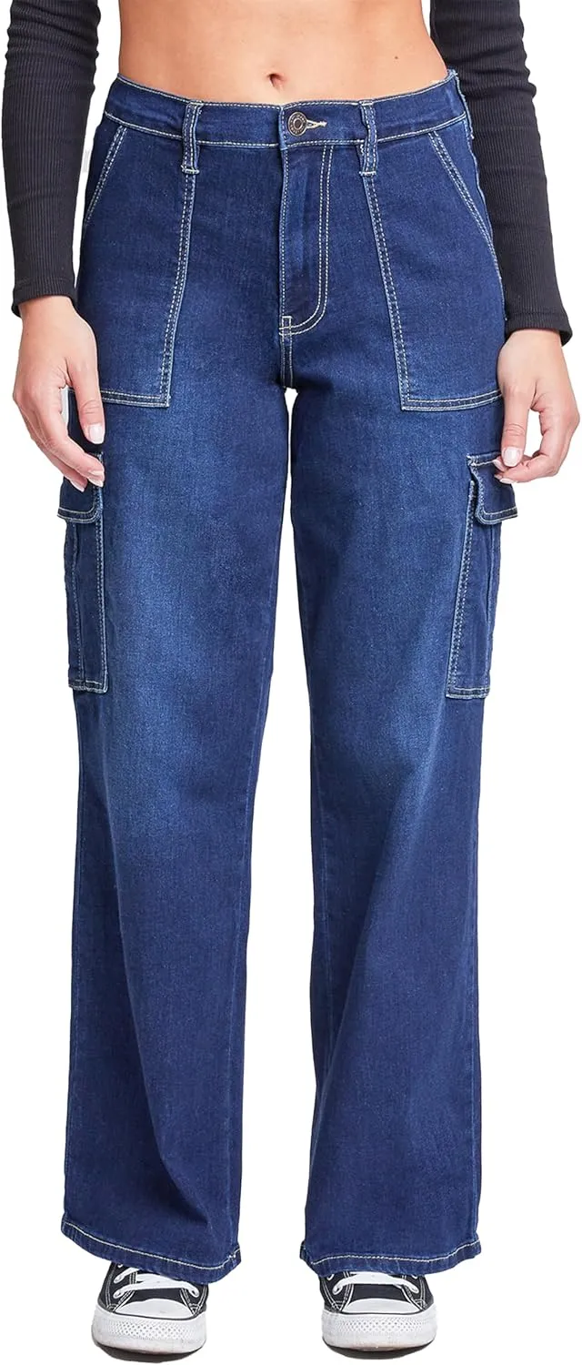 YMI Womens Elastic Waist Straight Leg Cargo Jean