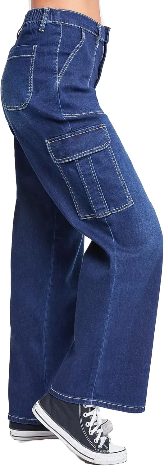 YMI Womens Elastic Waist Straight Leg Cargo Jean