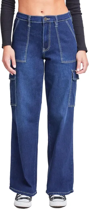 YMI Womens Elastic Waist Straight Leg Cargo Jean