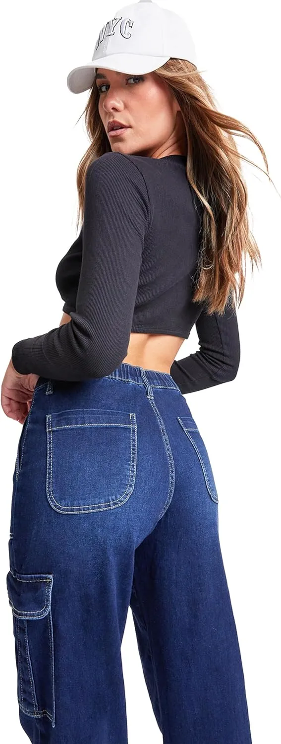 YMI Womens Elastic Waist Straight Leg Cargo Jean