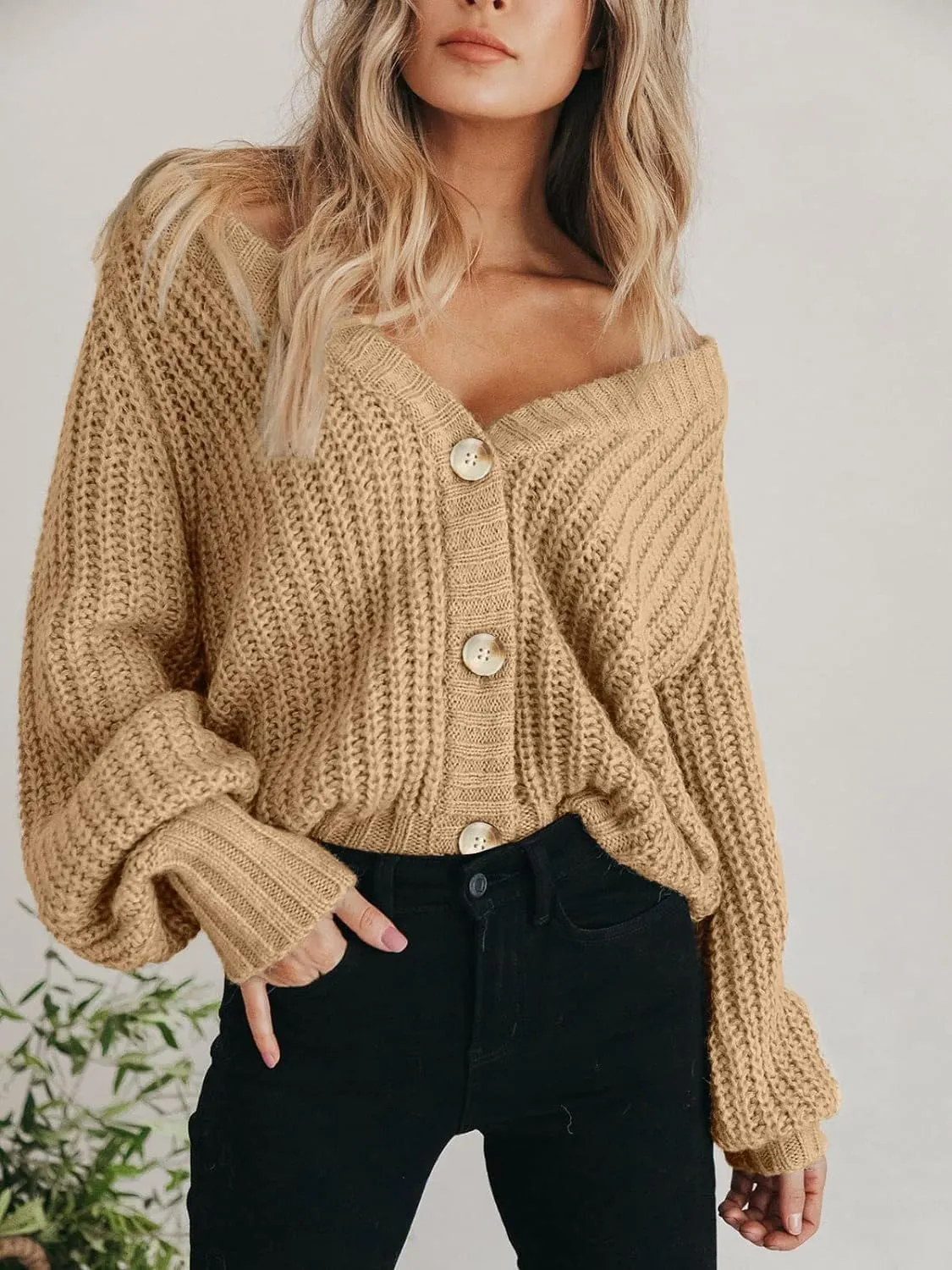 yoeasy Women's Button Open Front Cardigan Long Sleeve Chunky Knit Loose Trendy Short Sweater Outerwear Coats