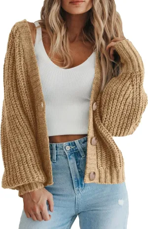 yoeasy Women's Button Open Front Cardigan Long Sleeve Chunky Knit Loose Trendy Short Sweater Outerwear Coats