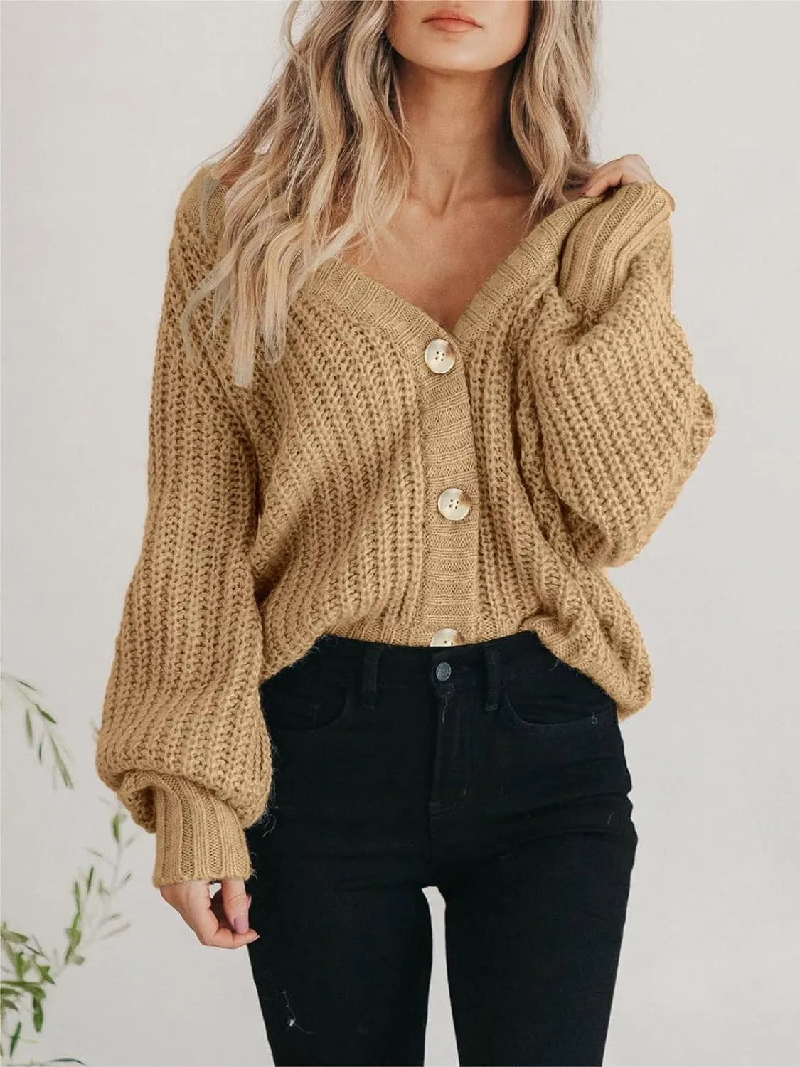 yoeasy Women's Button Open Front Cardigan Long Sleeve Chunky Knit Loose Trendy Short Sweater Outerwear Coats