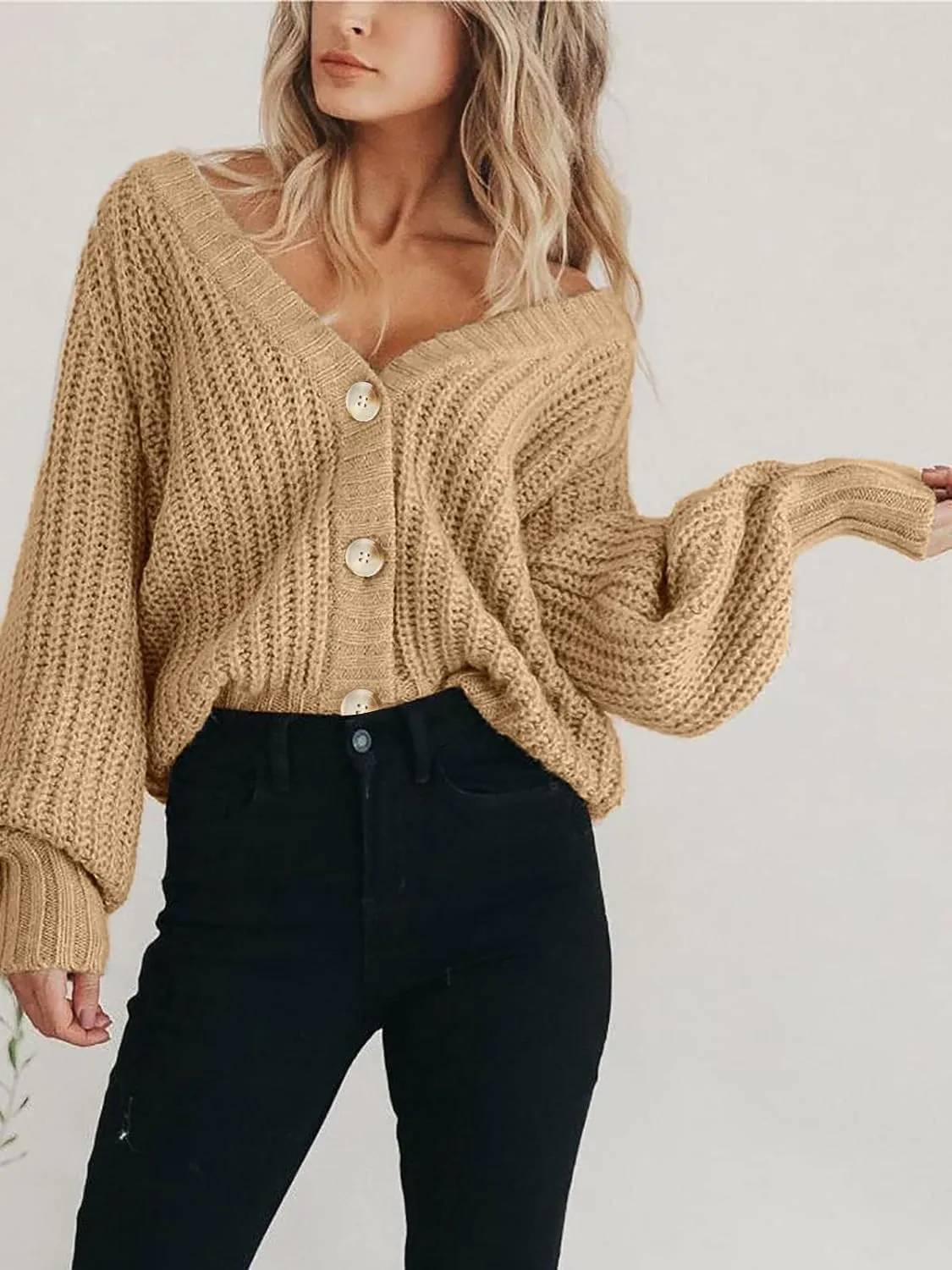 yoeasy Women's Button Open Front Cardigan Long Sleeve Chunky Knit Loose Trendy Short Sweater Outerwear Coats