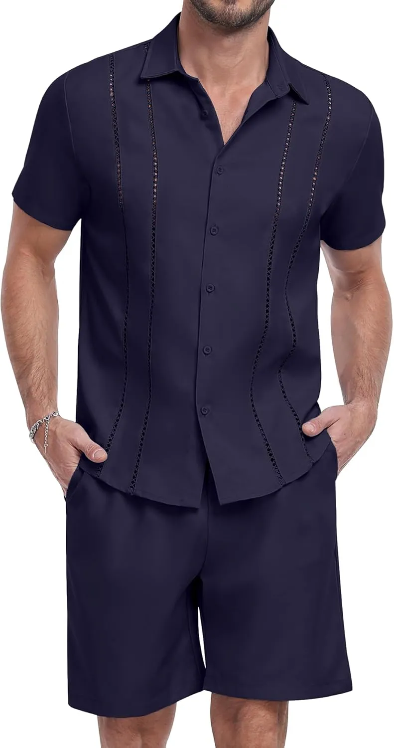 YTD Men's 2 Pieces Shirt Sets Short Sleeve Casual Button Down Hippie T-Shirts Shorts Sets Summer Fashion Beach Outfits