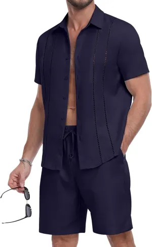 YTD Men's 2 Pieces Shirt Sets Short Sleeve Casual Button Down Hippie T-Shirts Shorts Sets Summer Fashion Beach Outfits