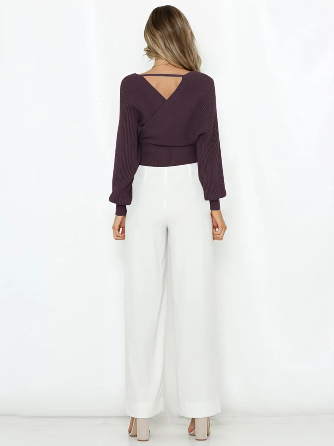 ZAFUL Women's Wrap V Neck Knit Cropped Sweater Lantern Long Sleeve Sexy Cross Ribbed Drop Shoulder Pullover Tops