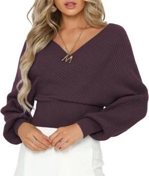 ZAFUL Women's Wrap V Neck Knit Cropped Sweater Lantern Long Sleeve Sexy Cross Ribbed Drop Shoulder Pullover Tops