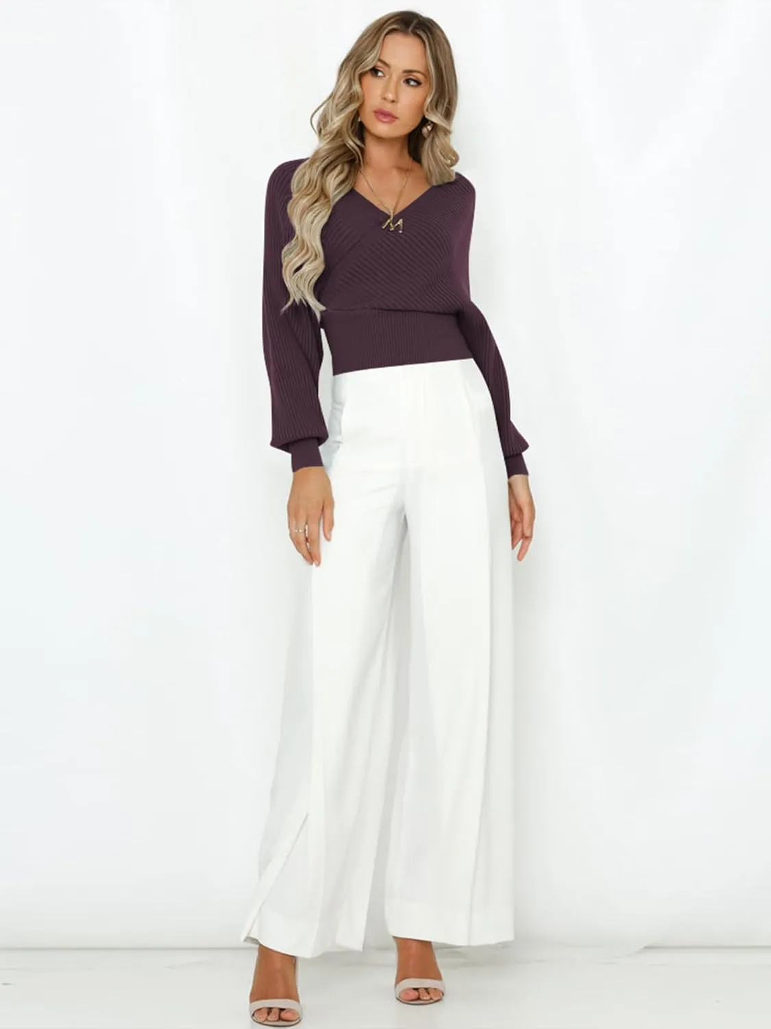 ZAFUL Women's Wrap V Neck Knit Cropped Sweater Lantern Long Sleeve Sexy Cross Ribbed Drop Shoulder Pullover Tops