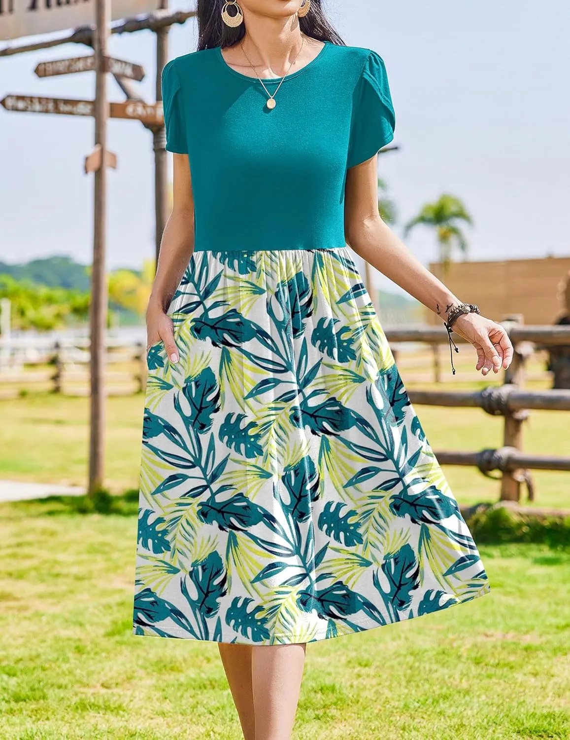 Zeagoo Women Summer Short Sleeve Midi Dress with Pockets Casual Aline Flowy Tshirt Dress Floral Vocation Beach Sundress