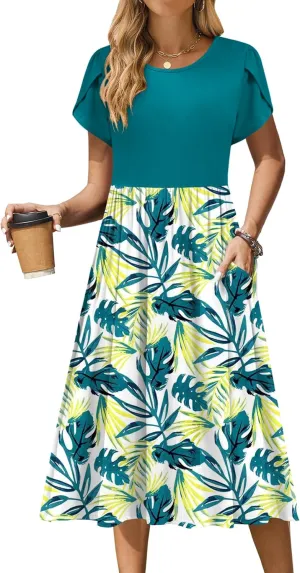 Zeagoo Women Summer Short Sleeve Midi Dress with Pockets Casual Aline Flowy Tshirt Dress Floral Vocation Beach Sundress