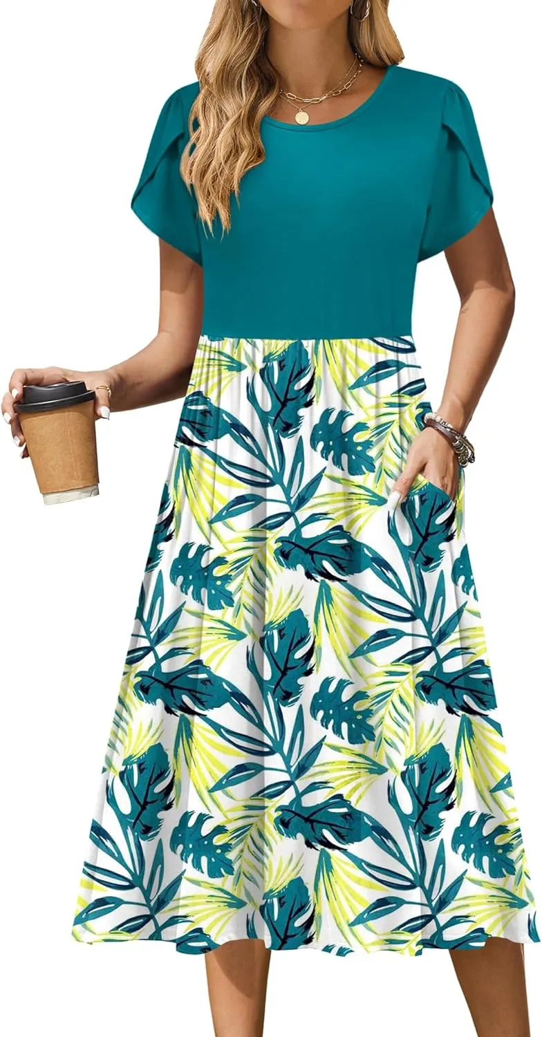 Zeagoo Women Summer Short Sleeve Midi Dress with Pockets Casual Aline Flowy Tshirt Dress Floral Vocation Beach Sundress