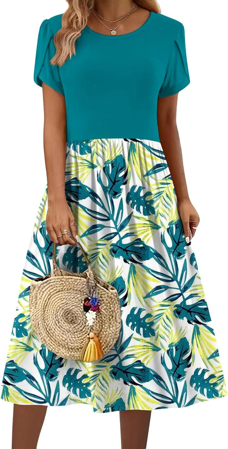 Zeagoo Women Summer Short Sleeve Midi Dress with Pockets Casual Aline Flowy Tshirt Dress Floral Vocation Beach Sundress