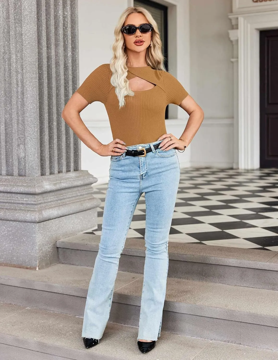 Zeagoo Womens Short Sleeve T Shirts 2024 Summer Casual Knit Slim Fit Trendy Basic Cute Sweater Tops