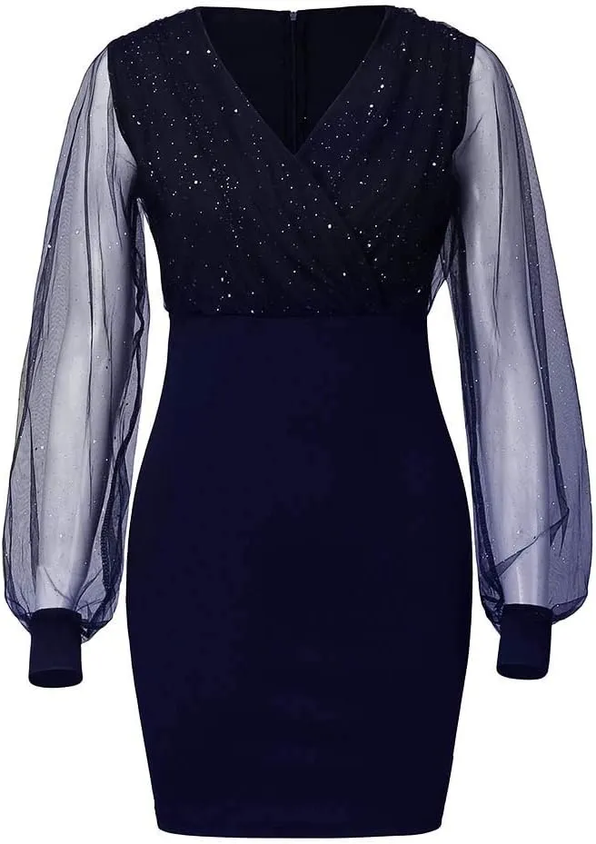 ZEFOTIM Sexy Dresses for Women 2024 Long Sleeve Casual V Neck Sheer Mini Bodycon Sequin Dress