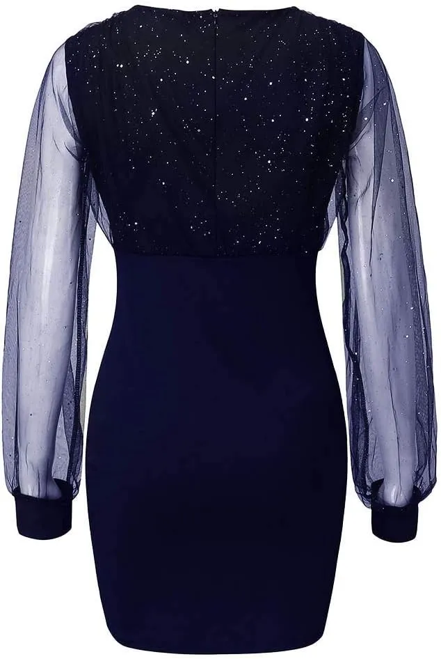 ZEFOTIM Sexy Dresses for Women 2024 Long Sleeve Casual V Neck Sheer Mini Bodycon Sequin Dress