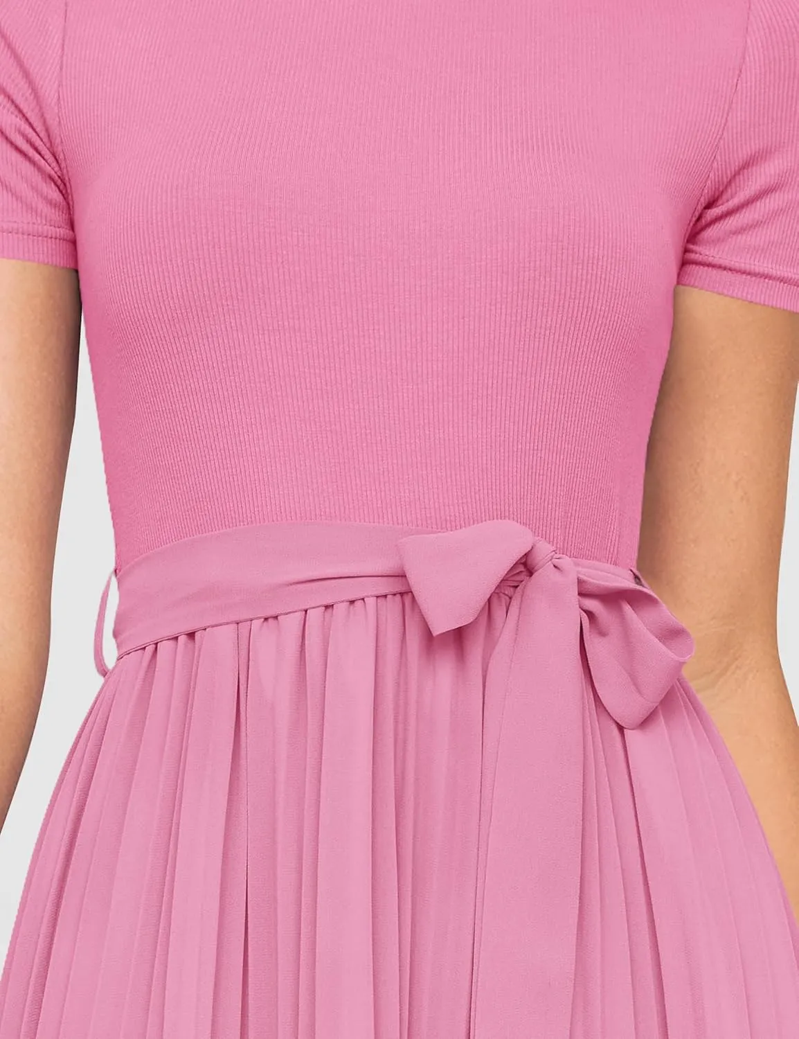 ZESICA Womens 2025 Summer Short Sleeve Midi Dresses Casual Crew Neck Knit Belted Pleated A Line Flowy Wedding Guest Dress