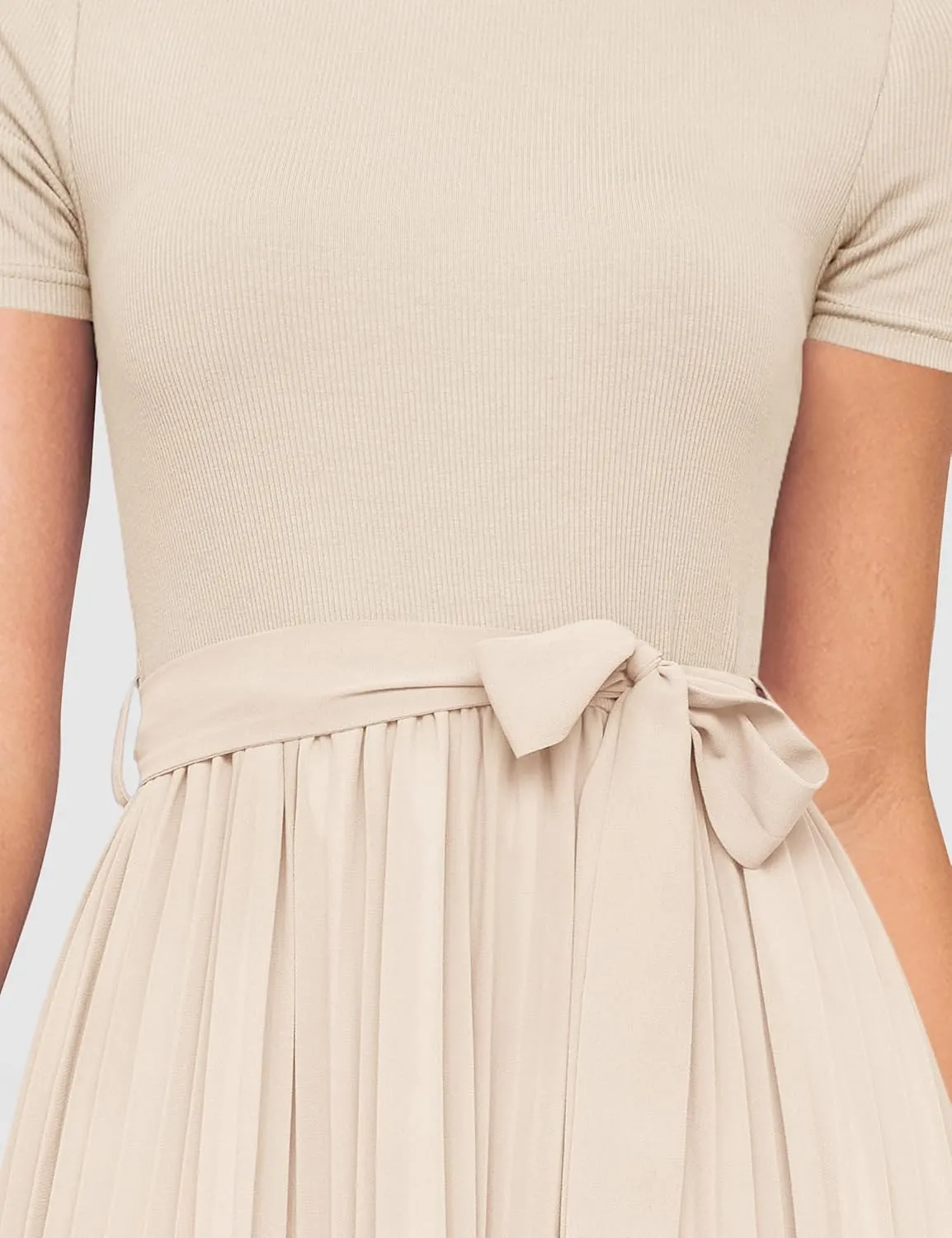 ZESICA Womens 2025 Summer Short Sleeve Midi Dresses Casual Crew Neck Knit Belted Pleated A Line Flowy Wedding Guest Dress