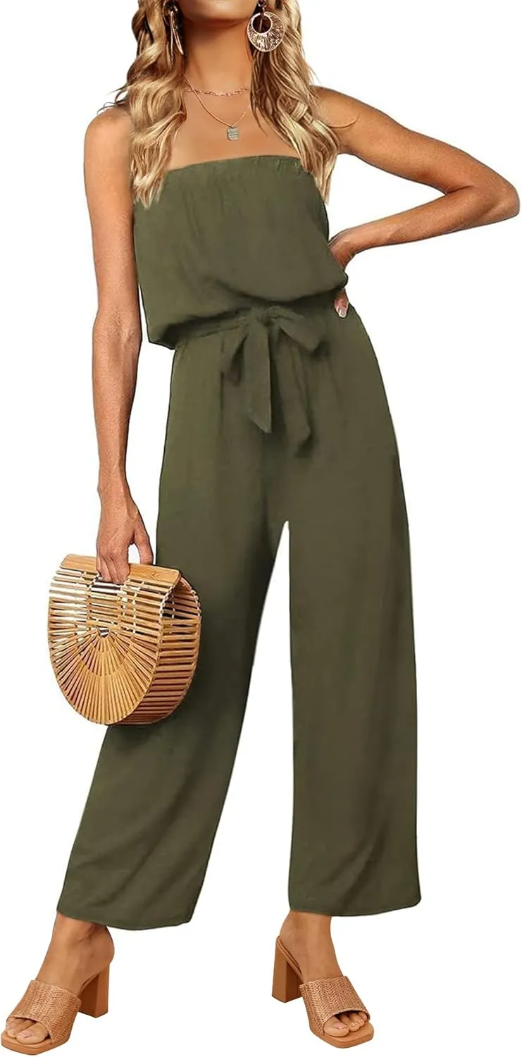 ZESICA Women's Casual Off Shoulder Solid Color Strapless Belted Wide Leg Jumpsuit Romper