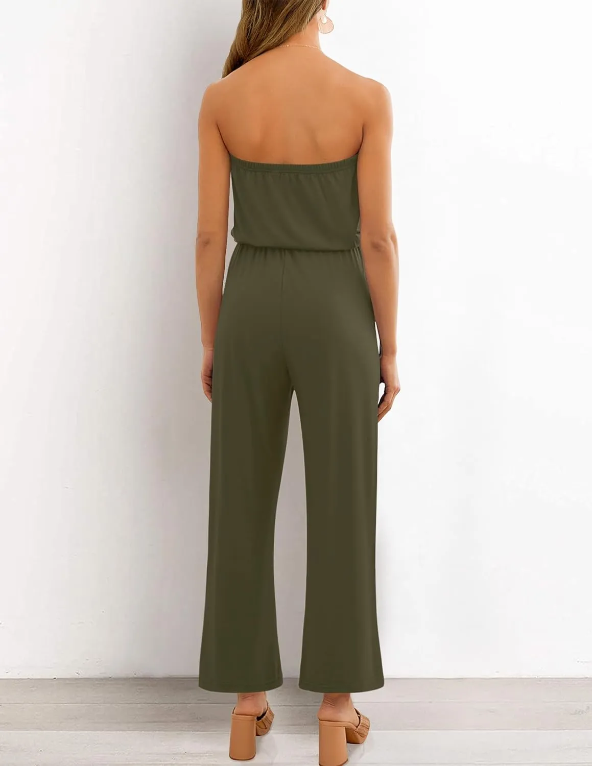 ZESICA Women's Casual Off Shoulder Solid Color Strapless Belted Wide Leg Jumpsuit Romper