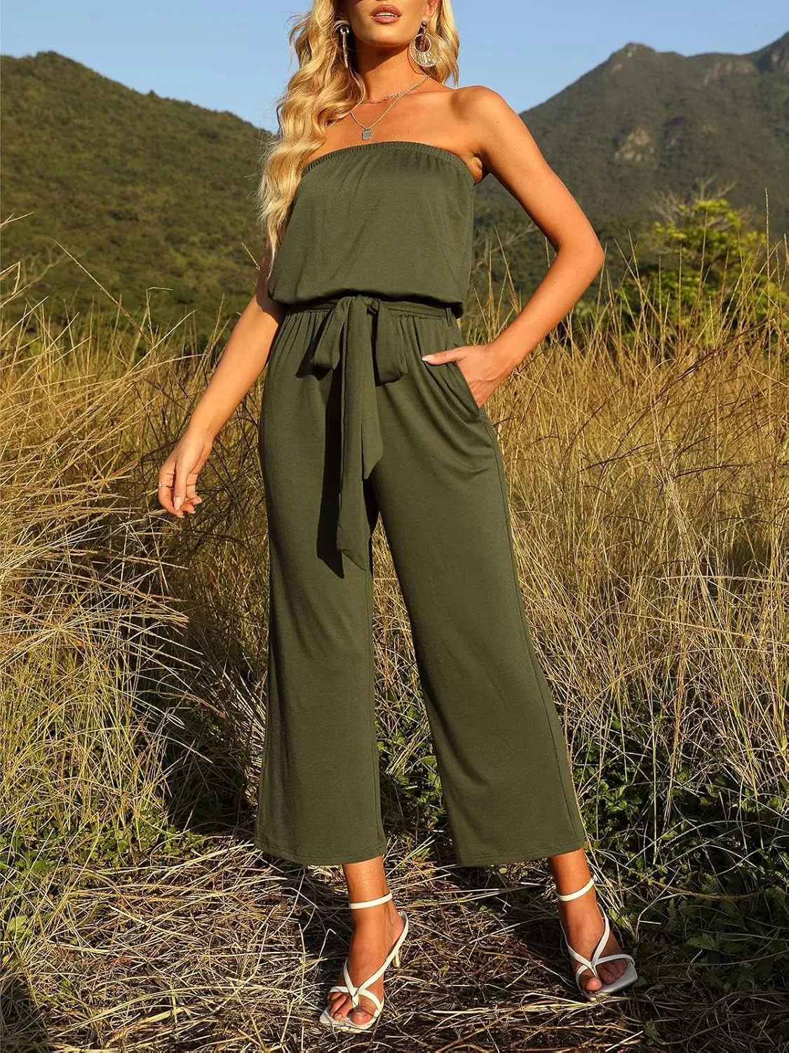 ZESICA Women's Casual Off Shoulder Solid Color Strapless Belted Wide Leg Jumpsuit Romper