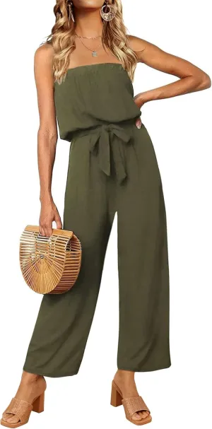 ZESICA Women's Casual Off Shoulder Solid Color Strapless Belted Wide Leg Jumpsuit Romper