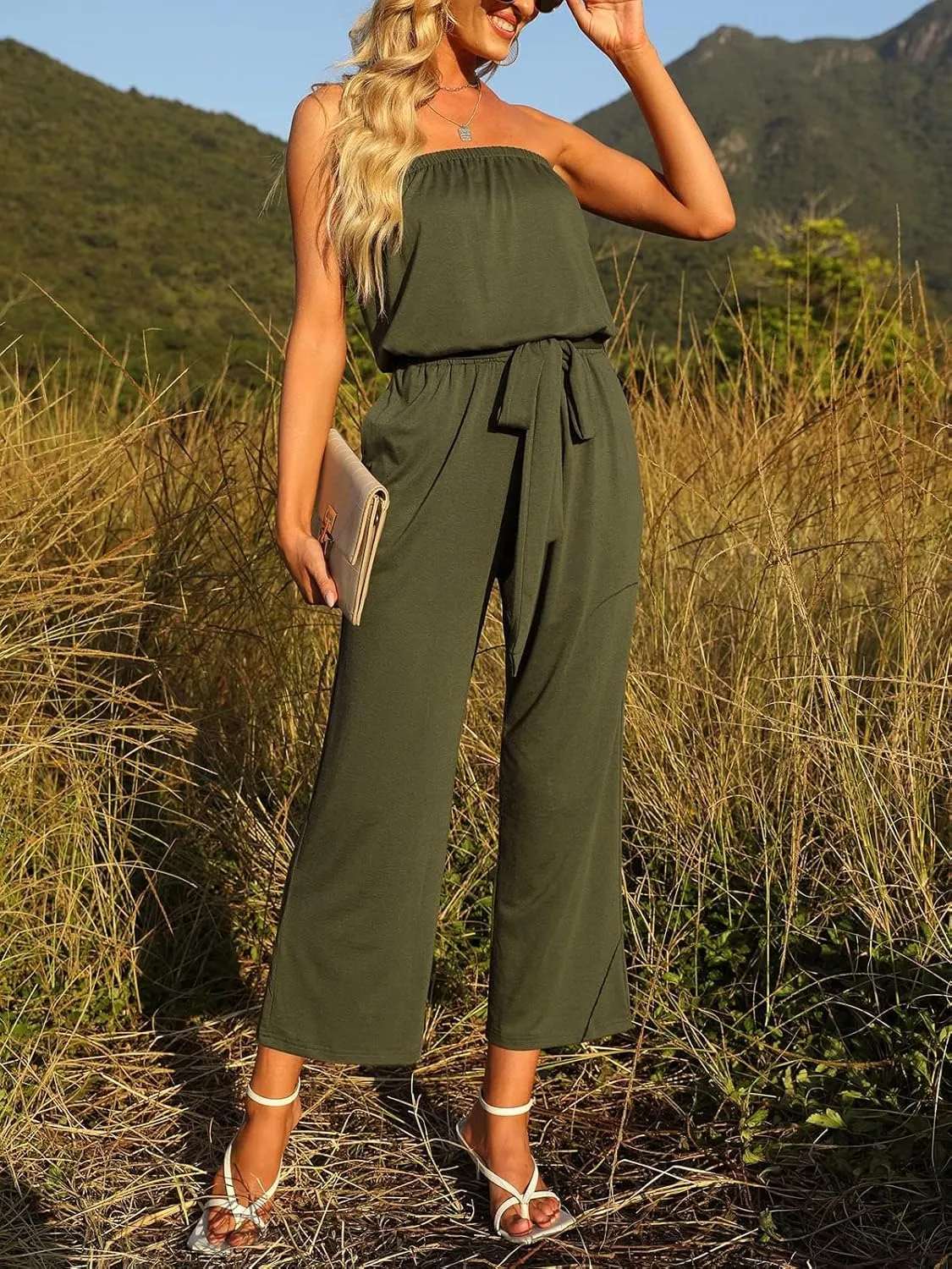 ZESICA Women's Casual Off Shoulder Solid Color Strapless Belted Wide Leg Jumpsuit Romper