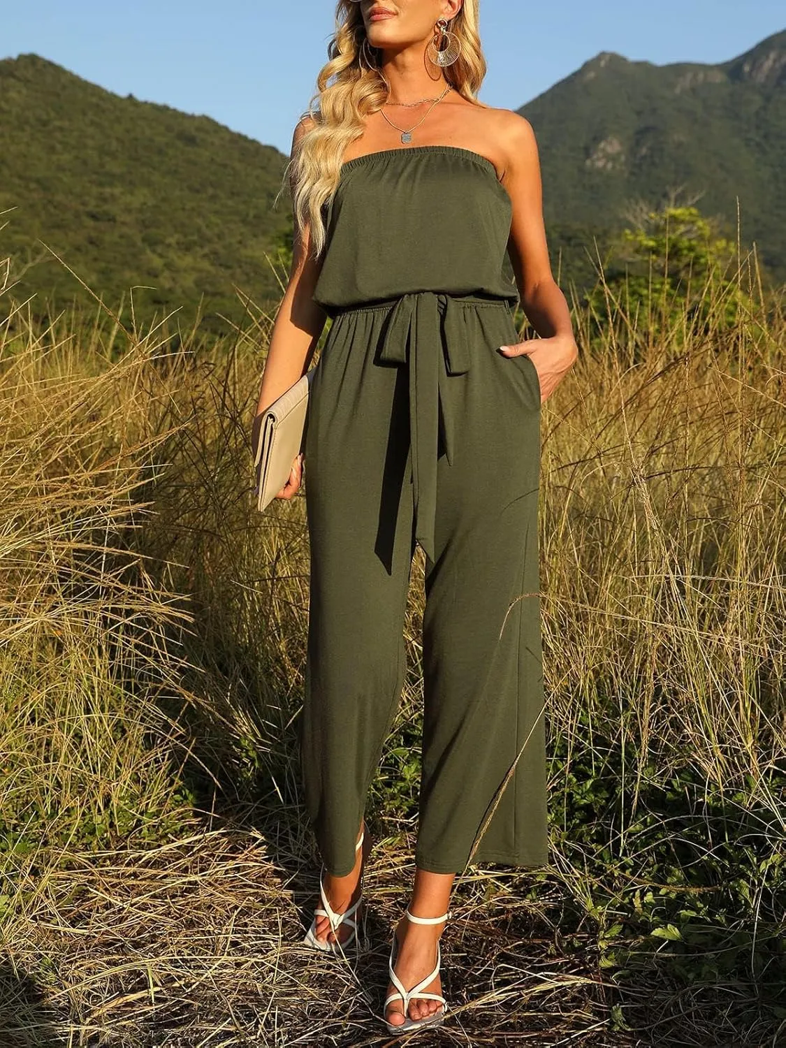 ZESICA Women's Casual Off Shoulder Solid Color Strapless Belted Wide Leg Jumpsuit Romper