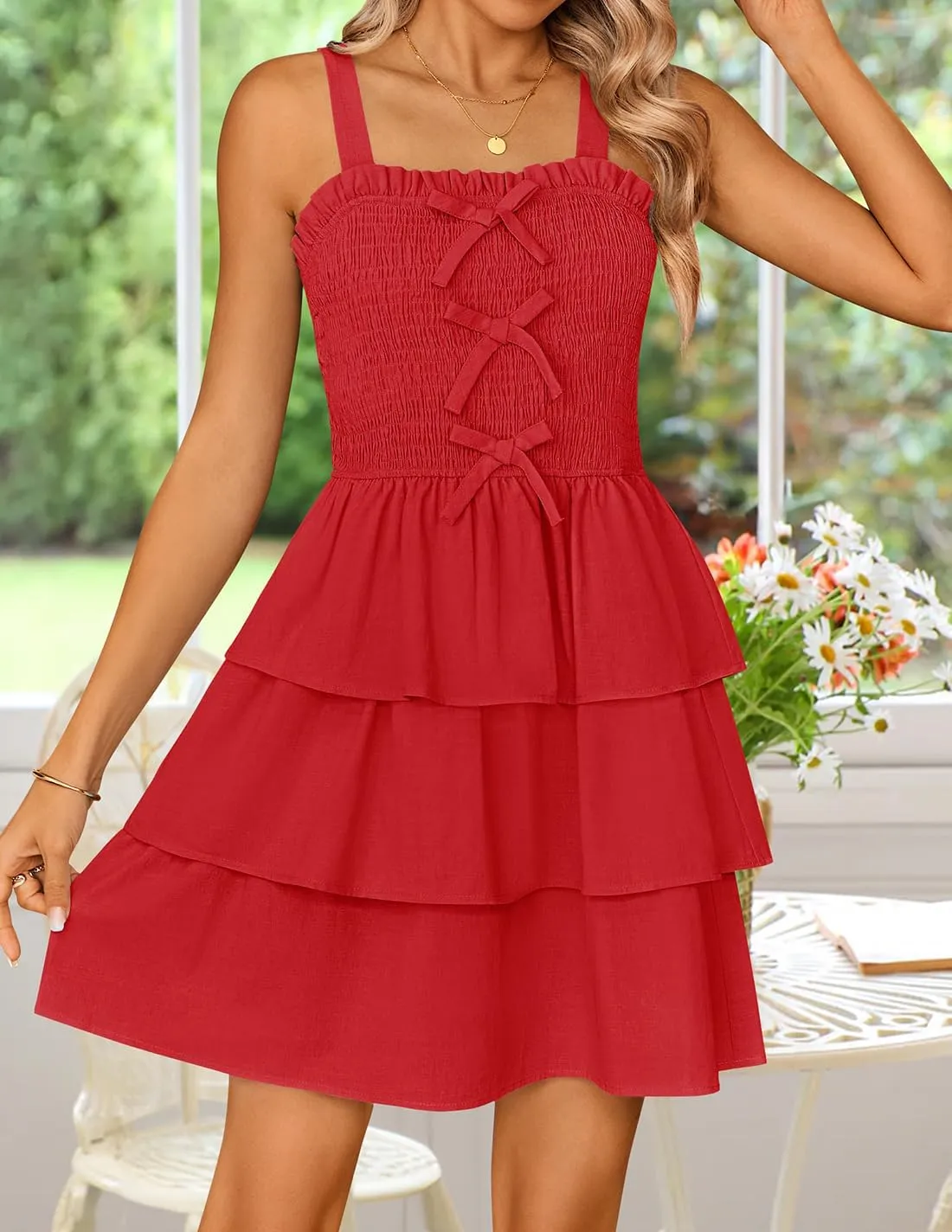 ZESICA Women's Summer Sleeveless Ruffle Tiered Layered Mini Dresses 2025 Square Neck Smocked Short Beach Sundress