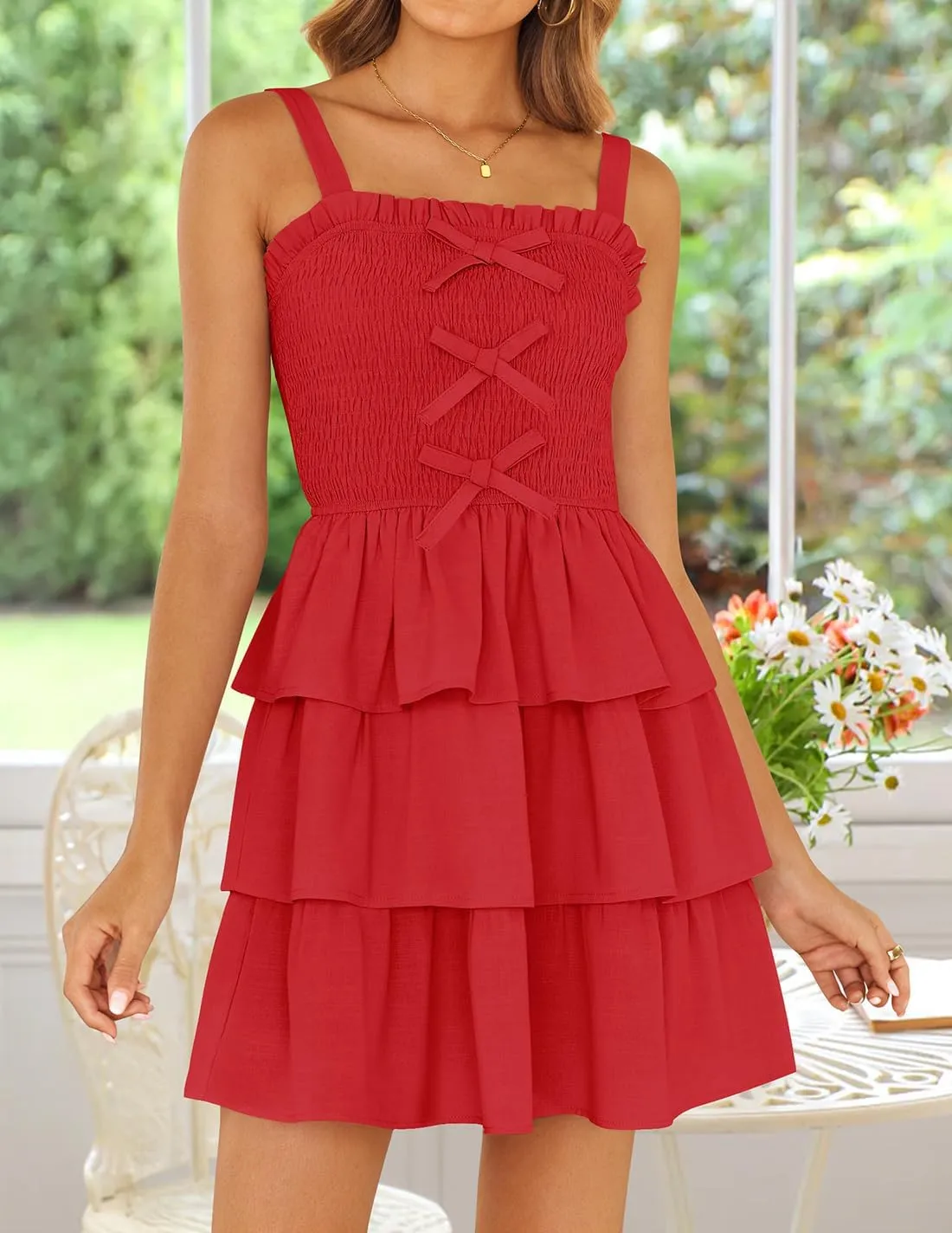 ZESICA Women's Summer Sleeveless Ruffle Tiered Layered Mini Dresses 2025 Square Neck Smocked Short Beach Sundress