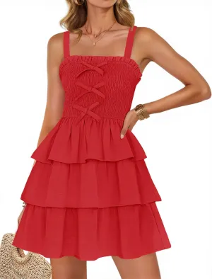 ZESICA Women's Summer Sleeveless Ruffle Tiered Layered Mini Dresses 2025 Square Neck Smocked Short Beach Sundress
