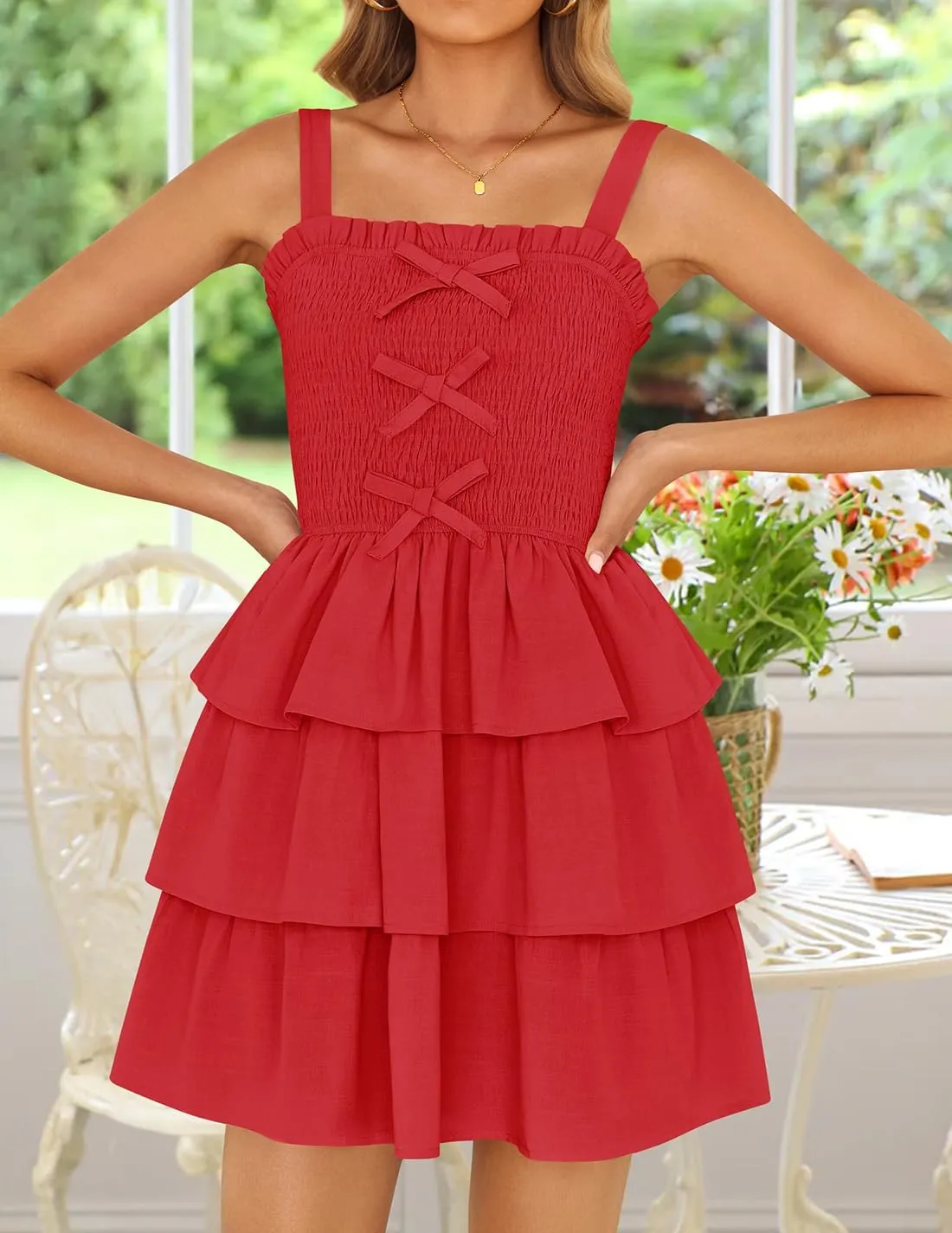 ZESICA Women's Summer Sleeveless Ruffle Tiered Layered Mini Dresses 2025 Square Neck Smocked Short Beach Sundress