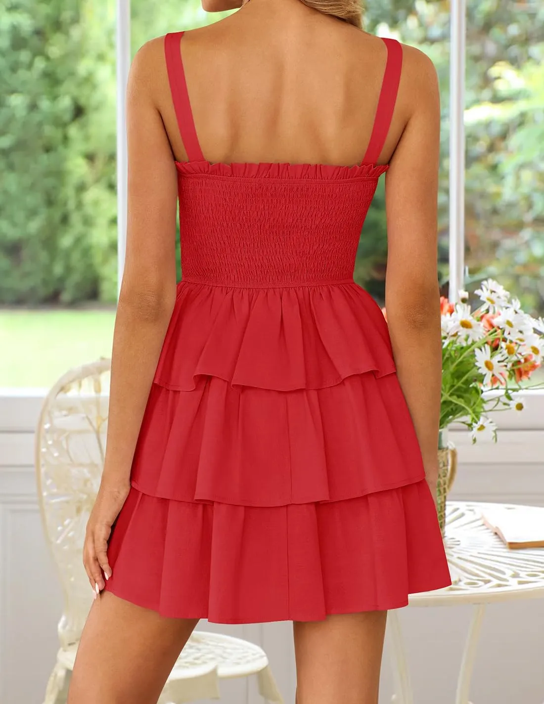 ZESICA Women's Summer Sleeveless Ruffle Tiered Layered Mini Dresses 2025 Square Neck Smocked Short Beach Sundress